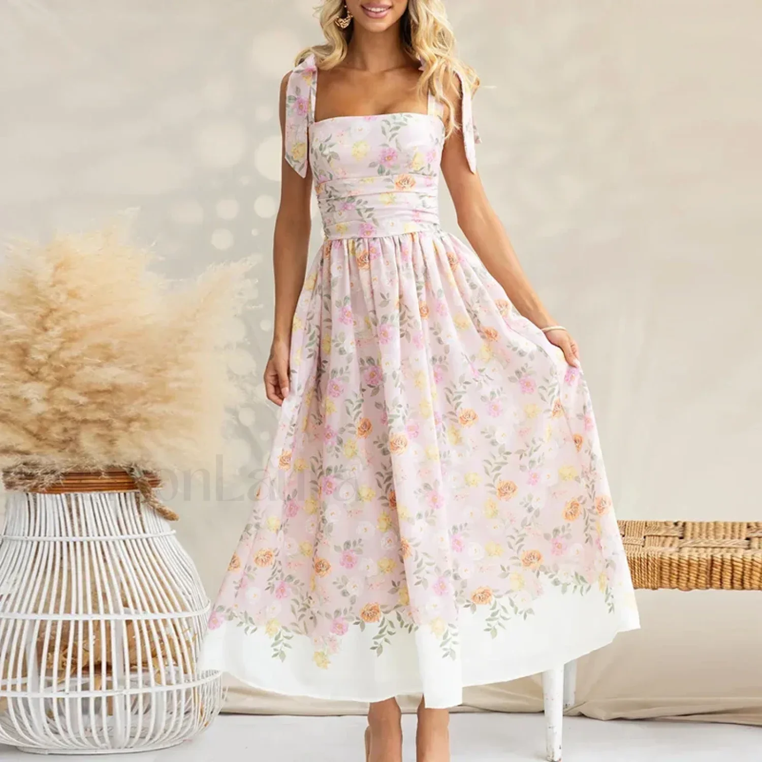 Off-Shoulder Pleated Floral Dress - Image 9