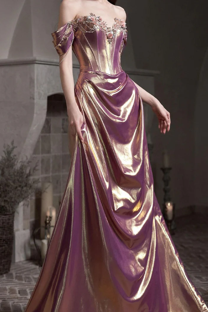 Off Shoulder Ruched Satin Elegant Prom Dress - Image 2