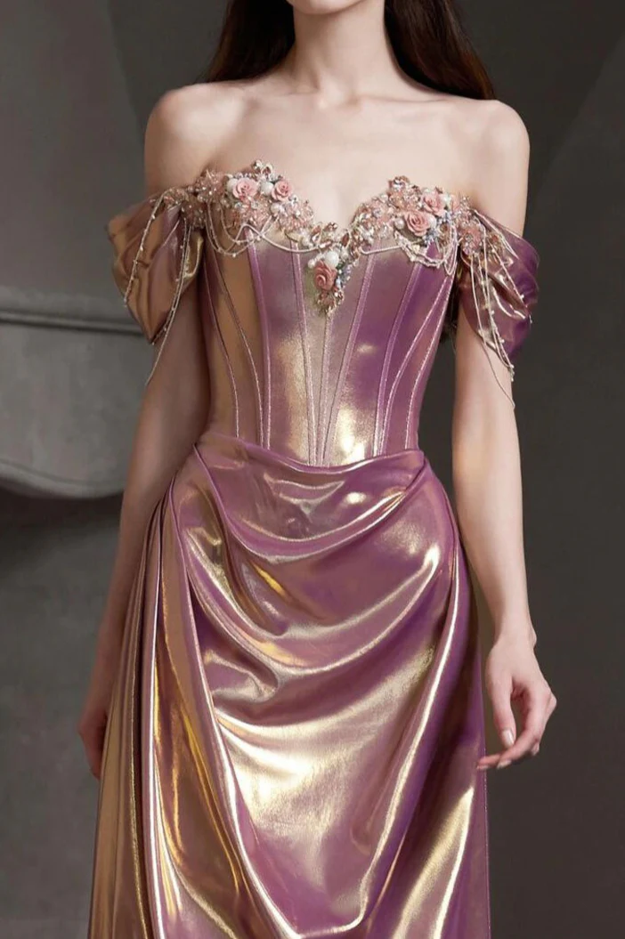 Off Shoulder Ruched Satin Elegant Prom Dress - Image 7
