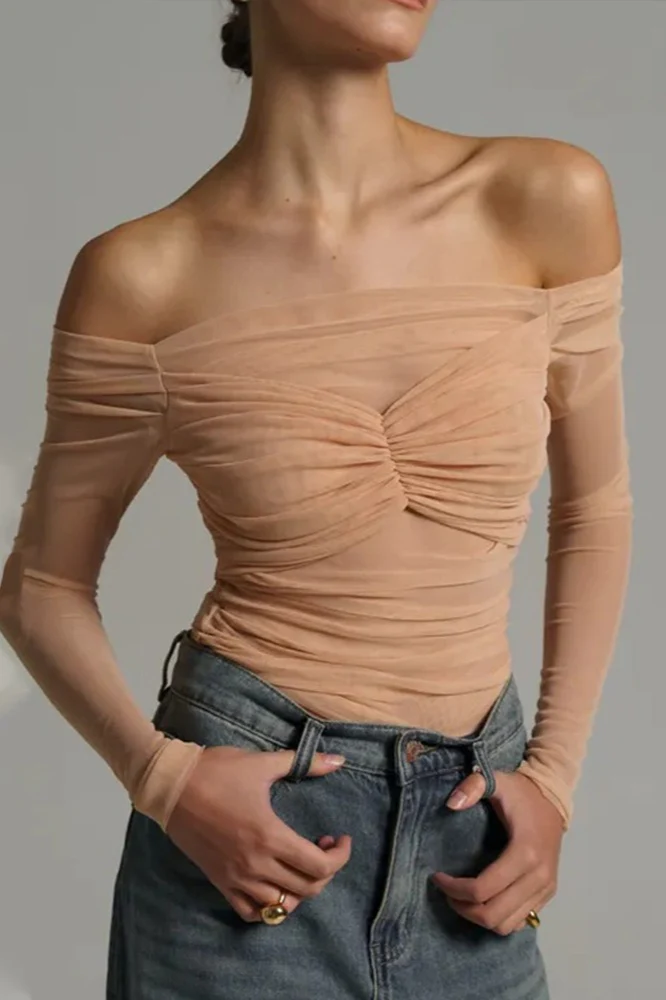 Off Shoulder Sheer Mesh Bodycon Long Sleeve Tee - Image 3