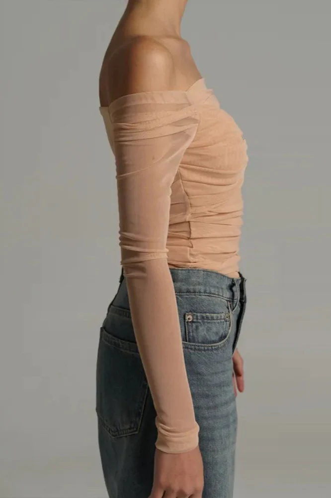 Off Shoulder Sheer Mesh Bodycon Long Sleeve Tee - Image 5