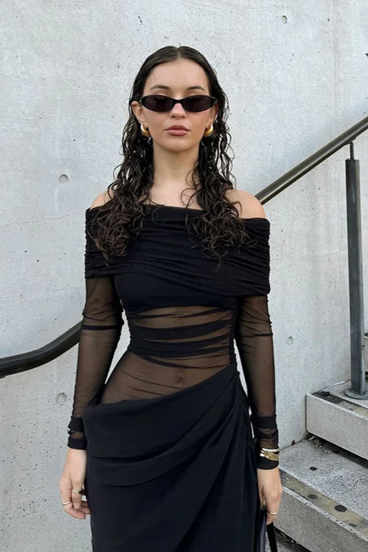 Off Shoulder Sheer Tulle Mesh Slim Fit Elegant Prom Dress - Image 4