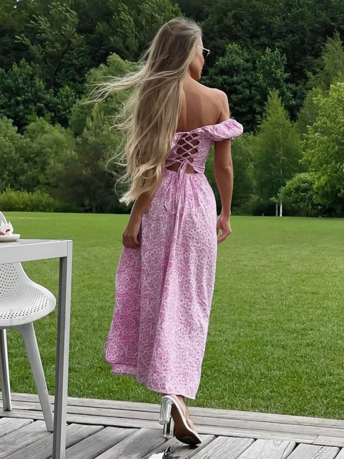 Off-Shoulder Slit Floral Dress - Image 4