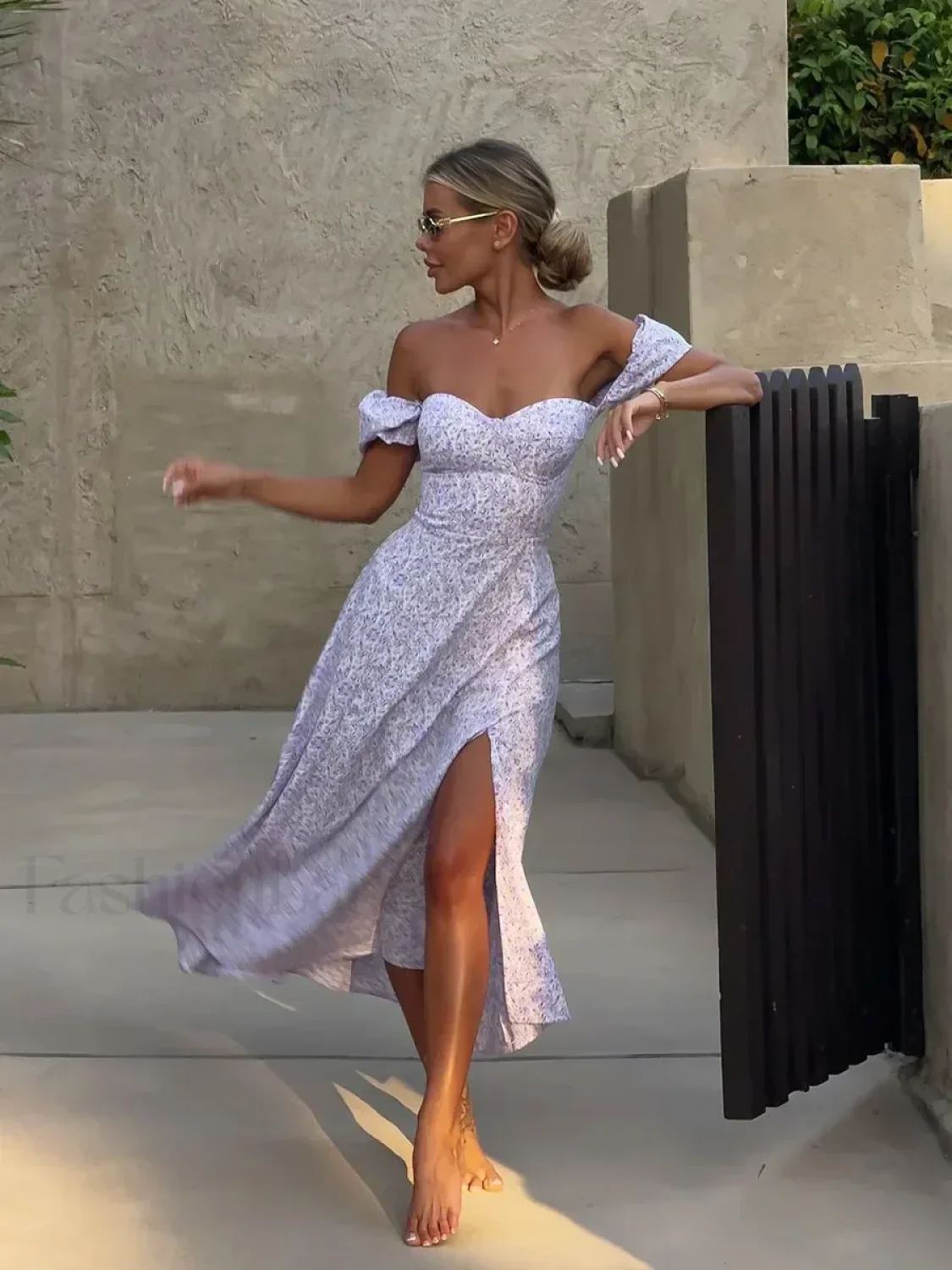 Off-Shoulder Slit Floral Dress - Image 9