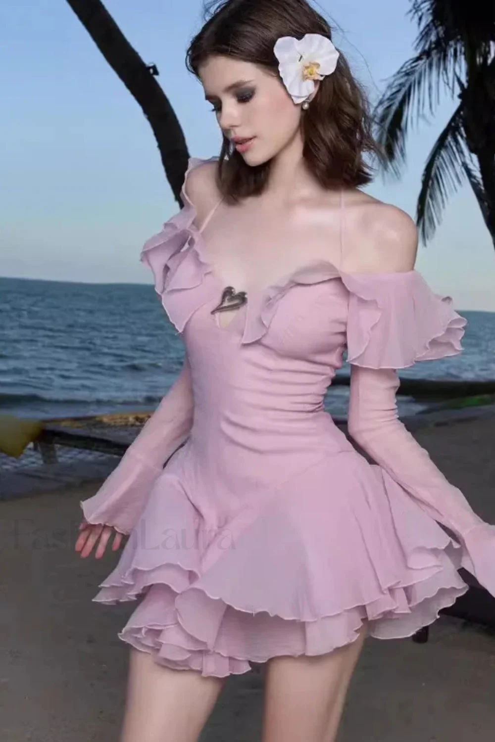 One-Shoulder Horn Sleeve Ruffled Neck Mini Dress - Image 9