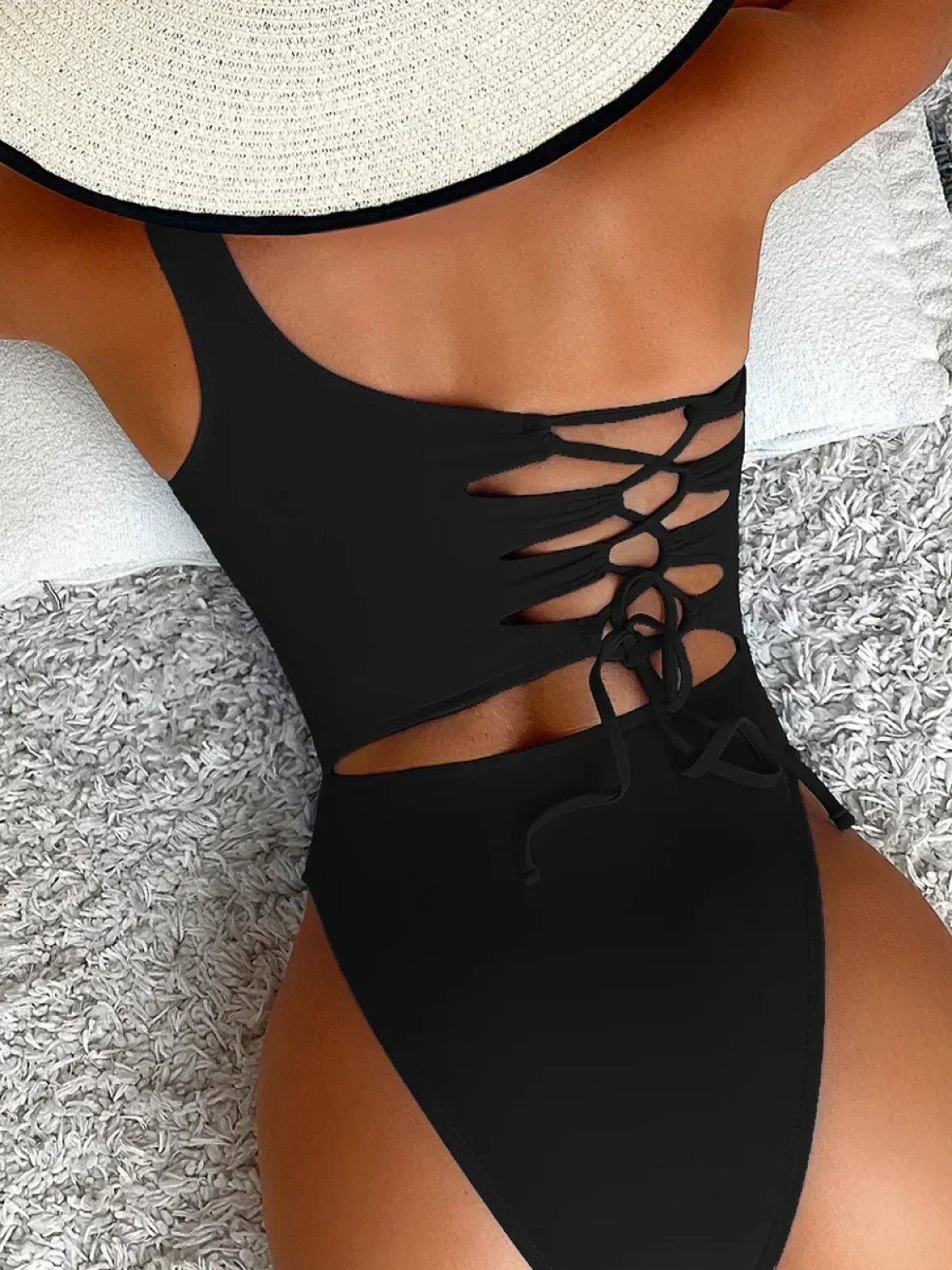 One Shoulder Lace Up Asymmetric One Piece - Image 5