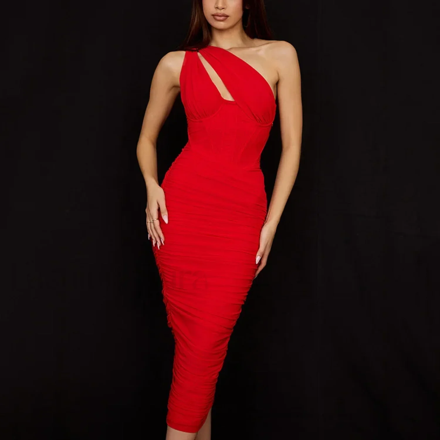 One-Shoulder Mesh Midi Dress - Image 21
