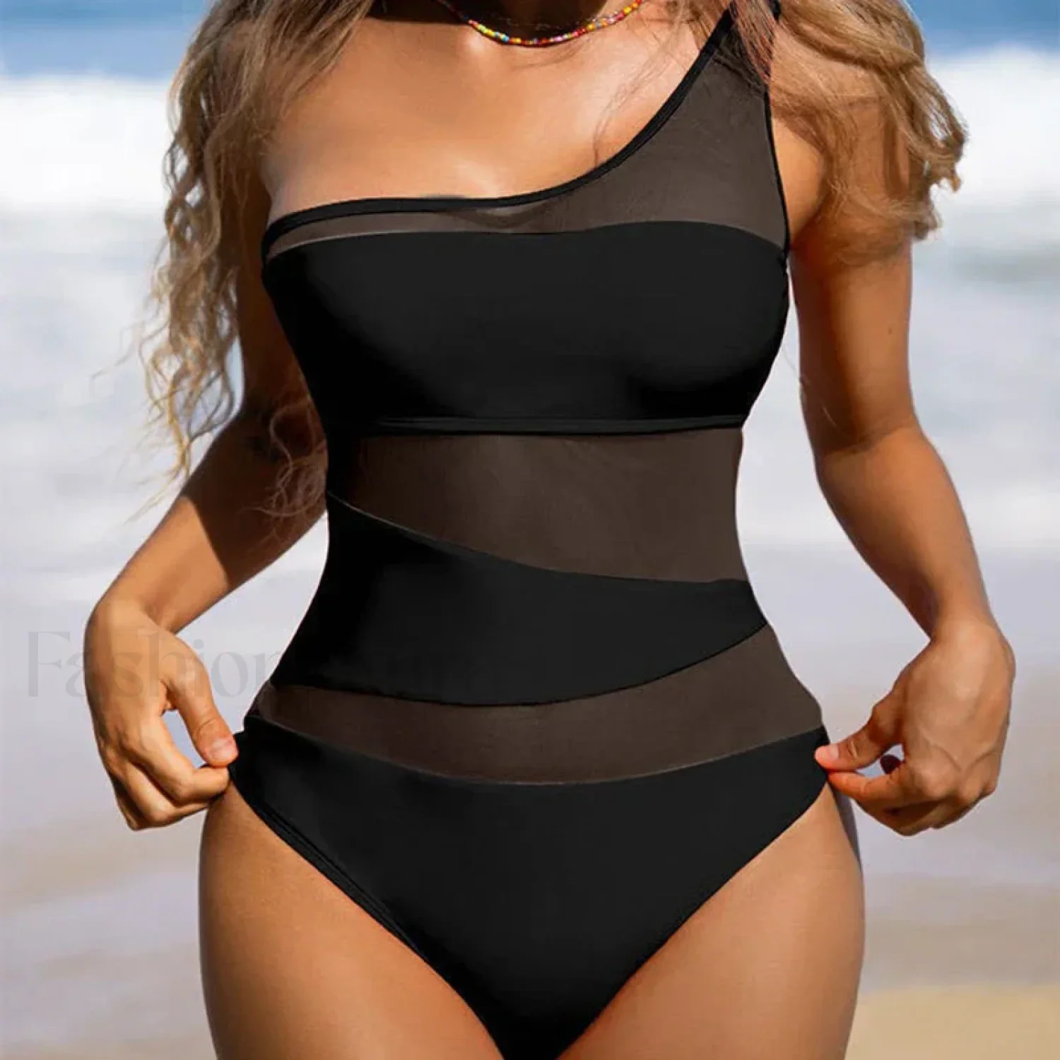 One Shoulder Mesh Orange One Piece - Image 6