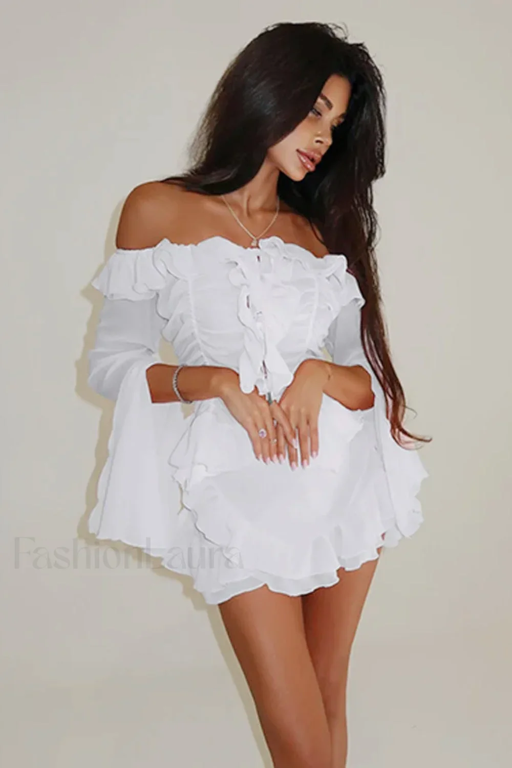 One-Shoulder Ruffled Flared Sleeve Chiffon High Waist Mini Dress - Image 12