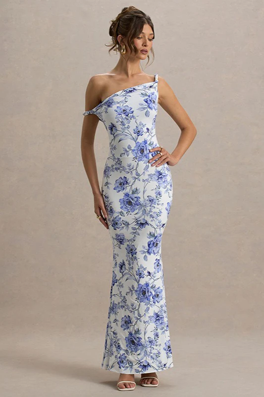 One Shoulder Twist Front Slim Long Floral Dress - Image 3
