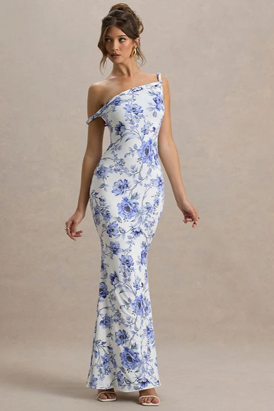 One Shoulder Twist Front Slim Long Floral Dress - Image 4