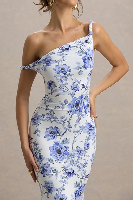 One Shoulder Twist Front Slim Long Floral Dress - Image 5