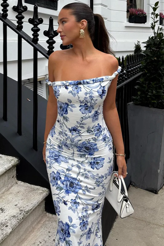 One Shoulder Twist Front Slim Long Floral Dress - Image 9