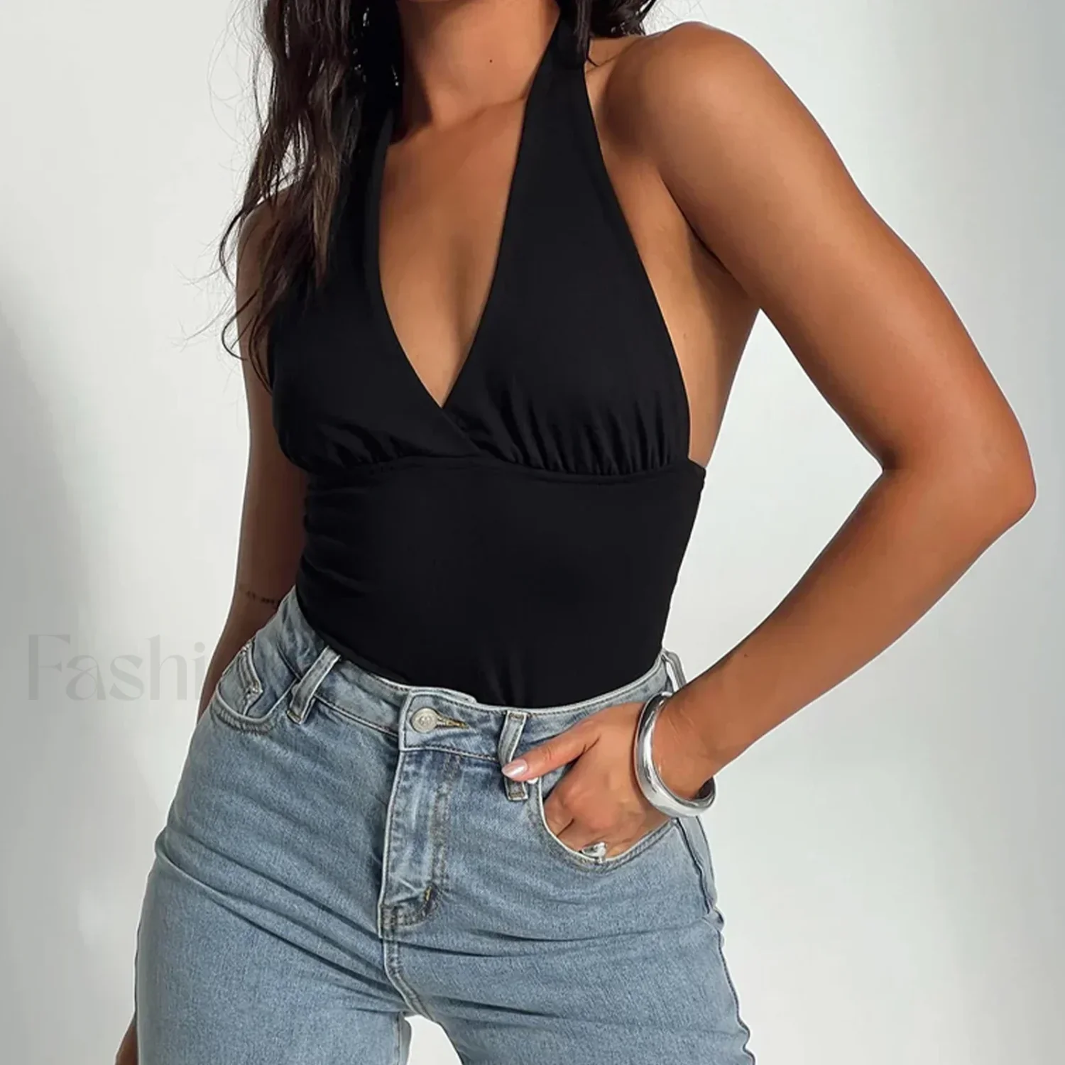 Open-Back Solid Halter Crop Top - Image 4
