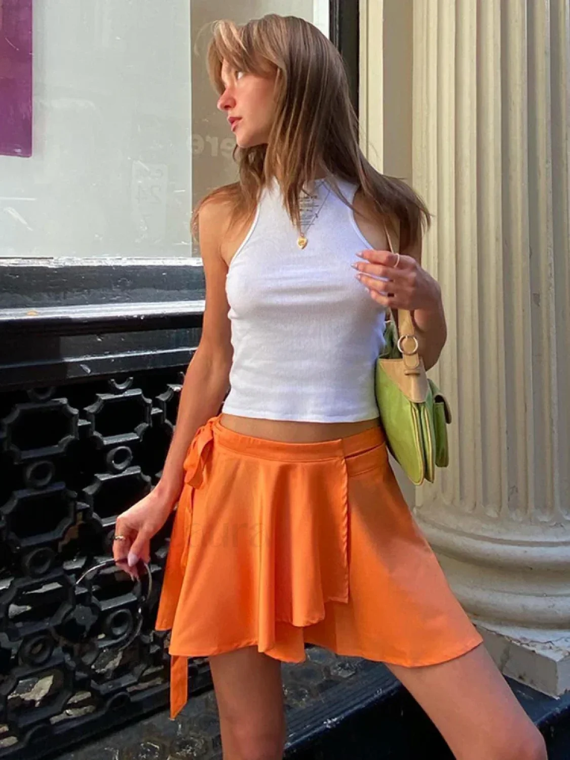 Orange Satin Asymmetrical Lace Up Skirt - Image 8