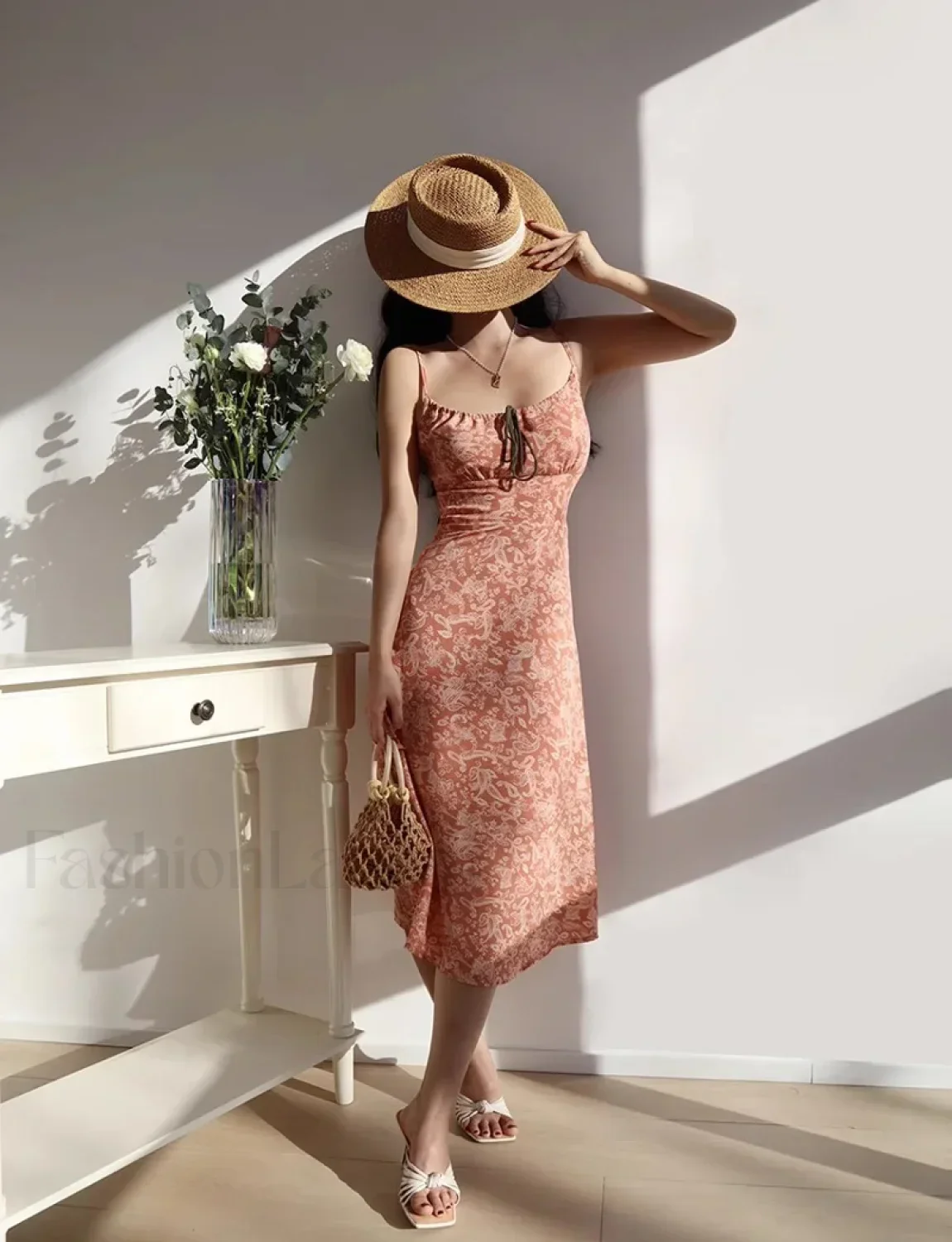 Orange Shirred Smocked Floral Dress - Image 3