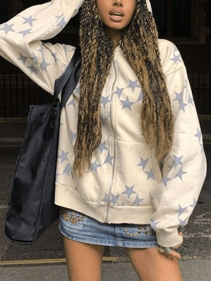 Star Print Zip Up Hoodie - Image 9