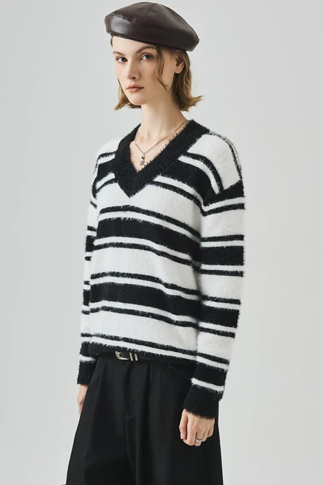 Oversized Striped V-Neck Sweater - Image 8
