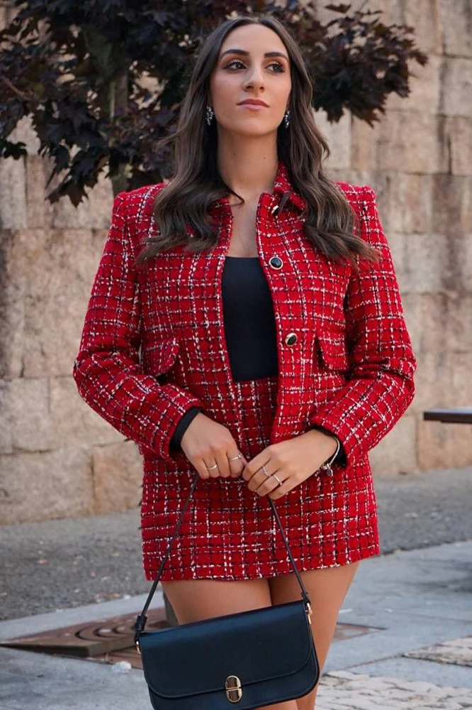 Padded Shoulder Tweed Two Piece Blazer Skirt Set - Image 2