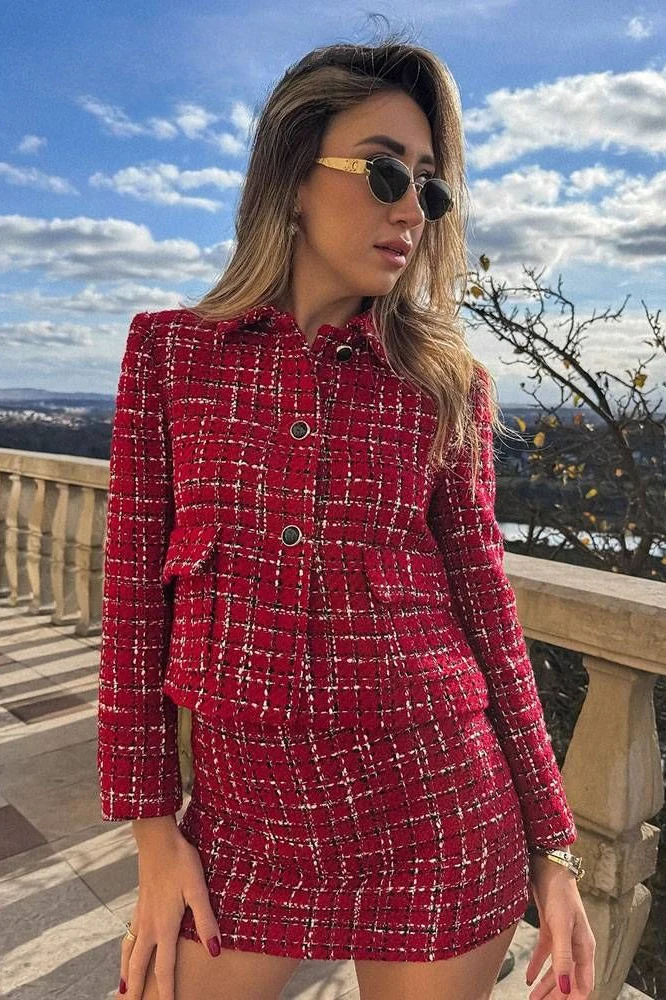 Padded Shoulder Tweed Two Piece Blazer Skirt Set - Image 4