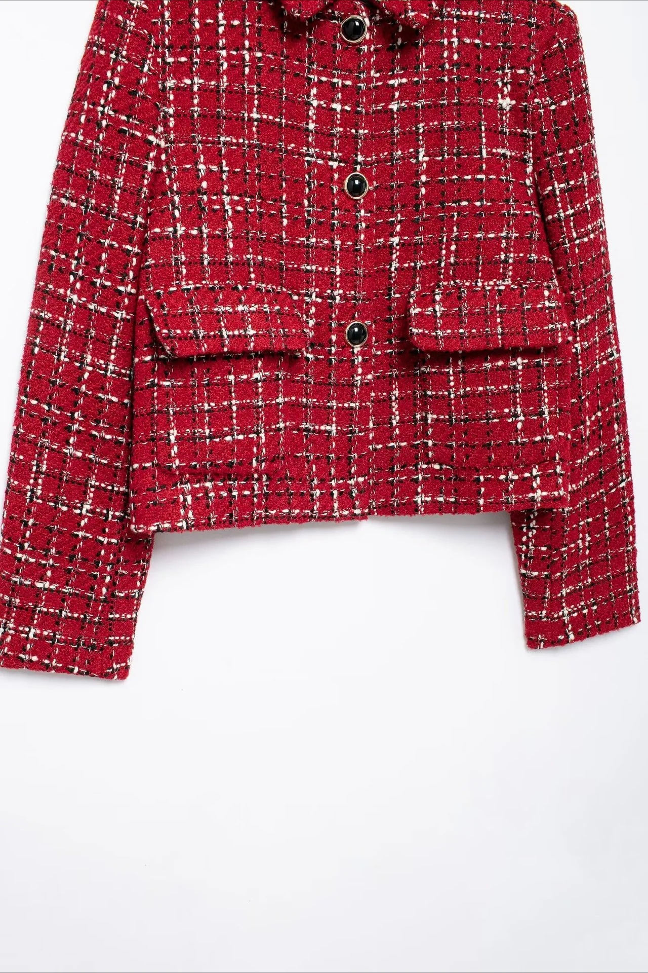 Padded Shoulder Tweed Two Piece Blazer Skirt Set - Image 7