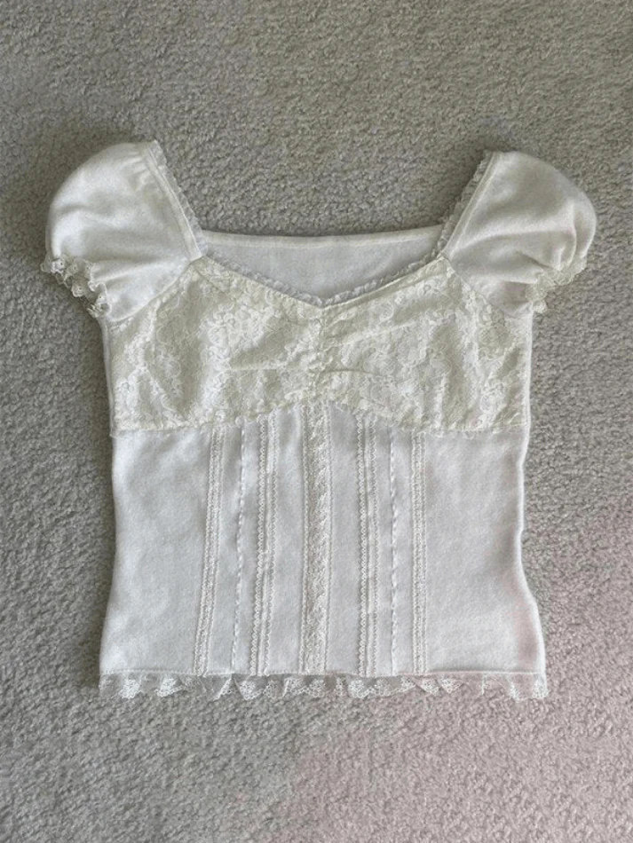 Paneled Lace White Puff Sleeve Blouse - Image 2