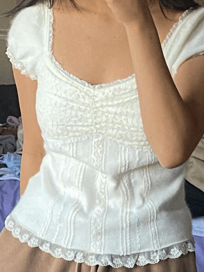 Paneled Lace White Puff Sleeve Blouse - Image 6