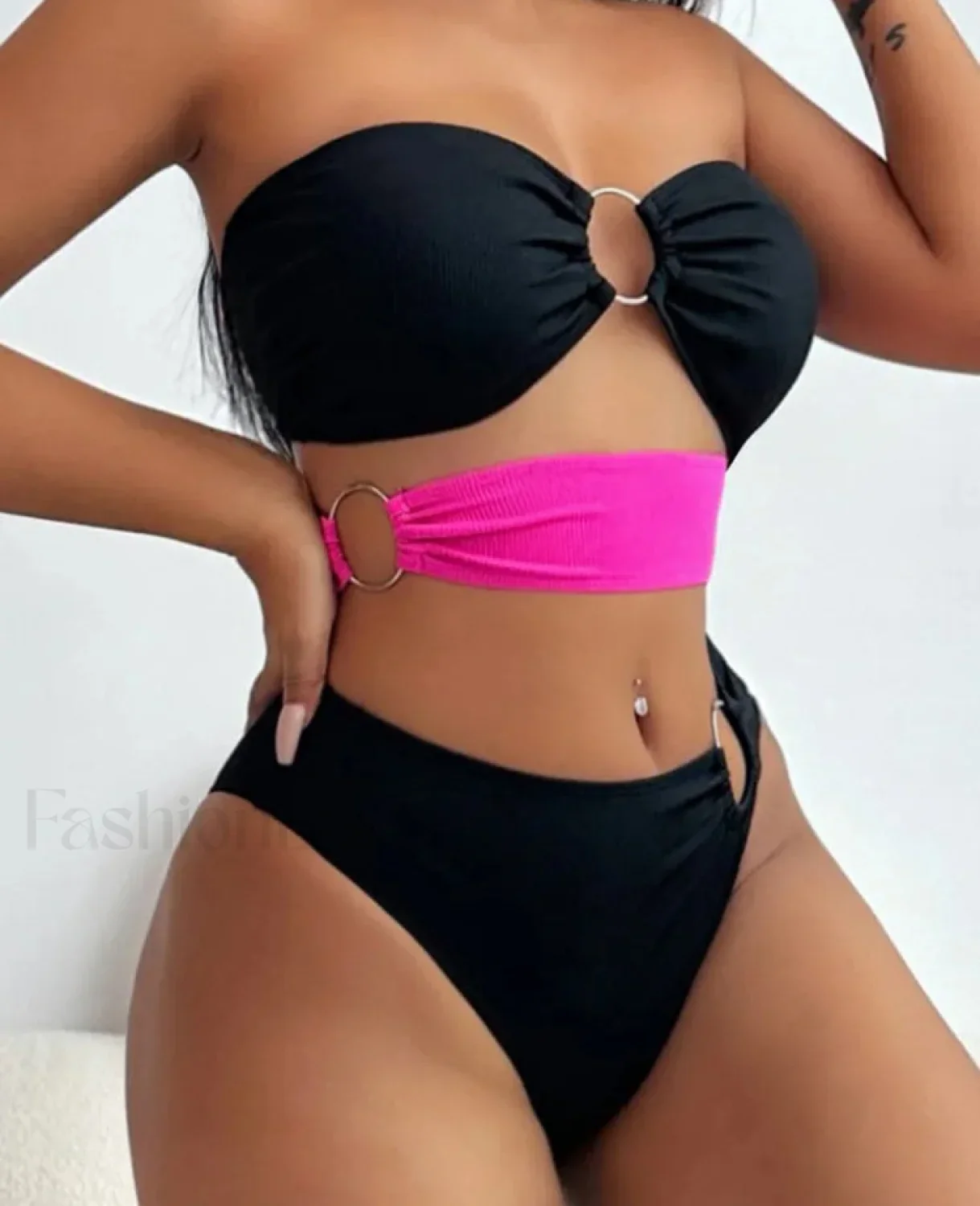 Patchwork Bandeau Hollow Bikini Set - Image 3
