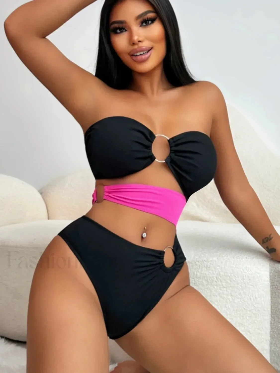 Patchwork Bandeau Hollow Bikini Set - Image 7