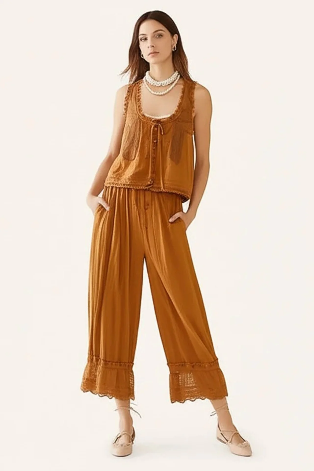 Patchwork Lace Sleeveless Top Boho Pants Set - Image 11