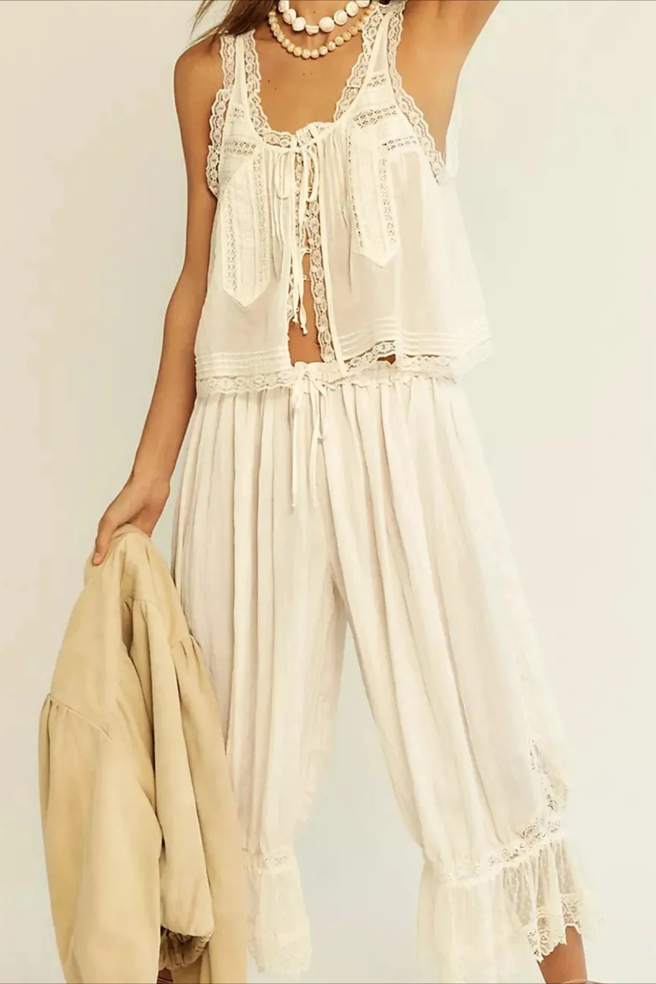 Patchwork Lace Sleeveless Top Boho Pants Set - Image 4
