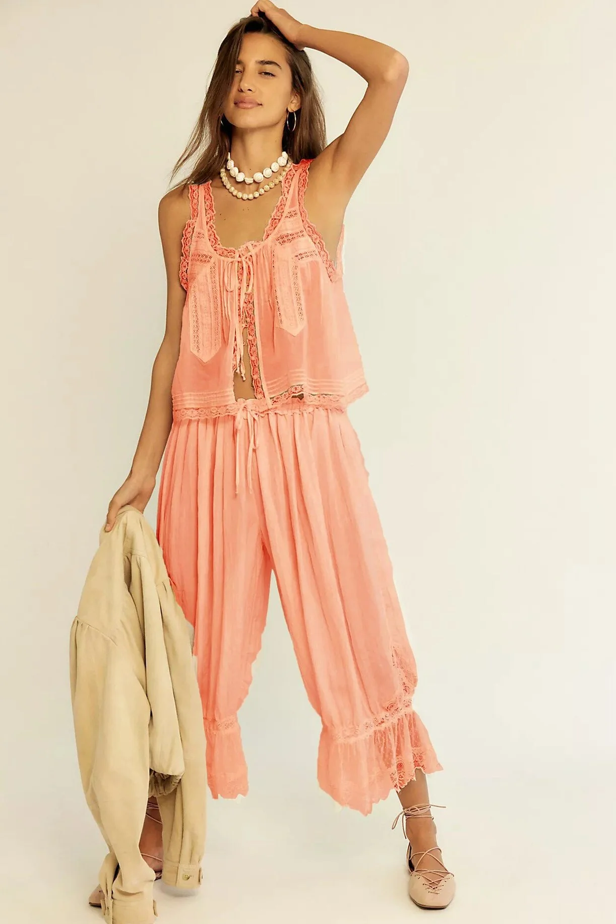 Patchwork Lace Sleeveless Top Boho Pants Set - Image 5