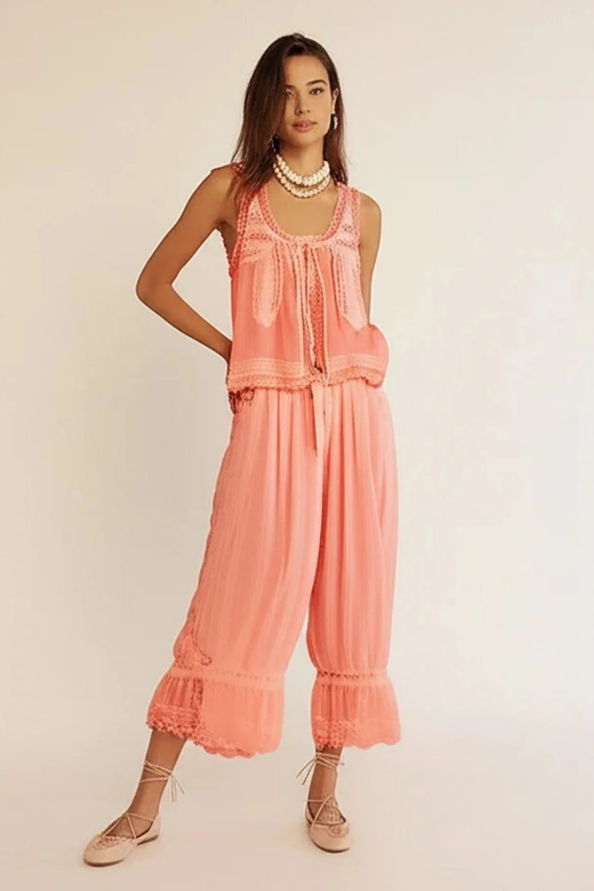 Patchwork Lace Sleeveless Top Boho Pants Set - Image 8
