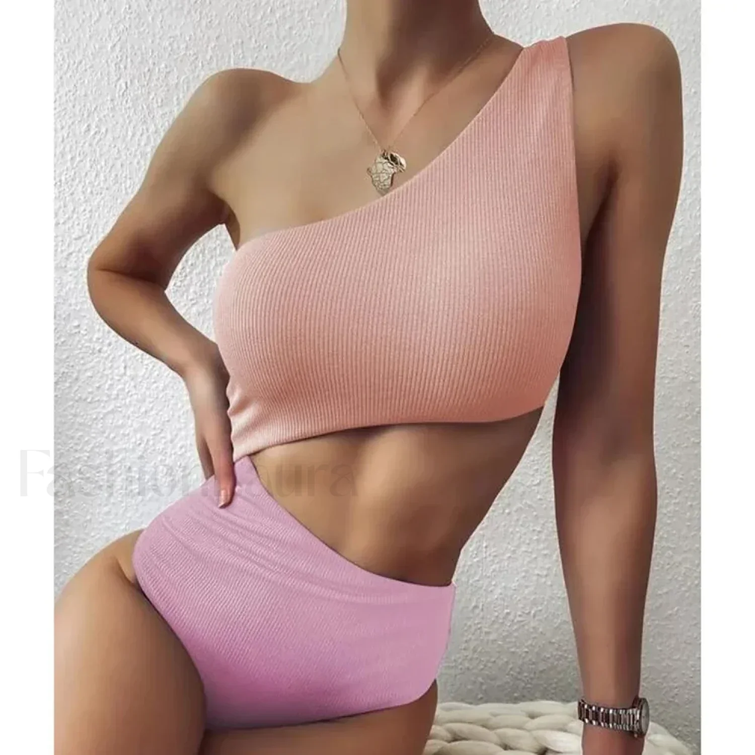 Patchwork One Shoulder Hollow One Piece - Image 5