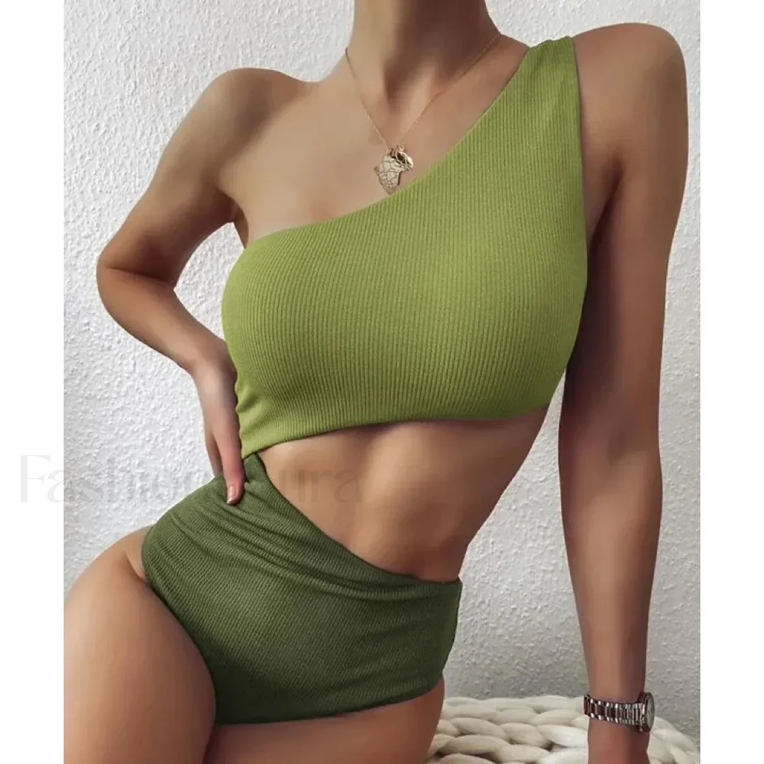 Patchwork One Shoulder Hollow One Piece - Image 7