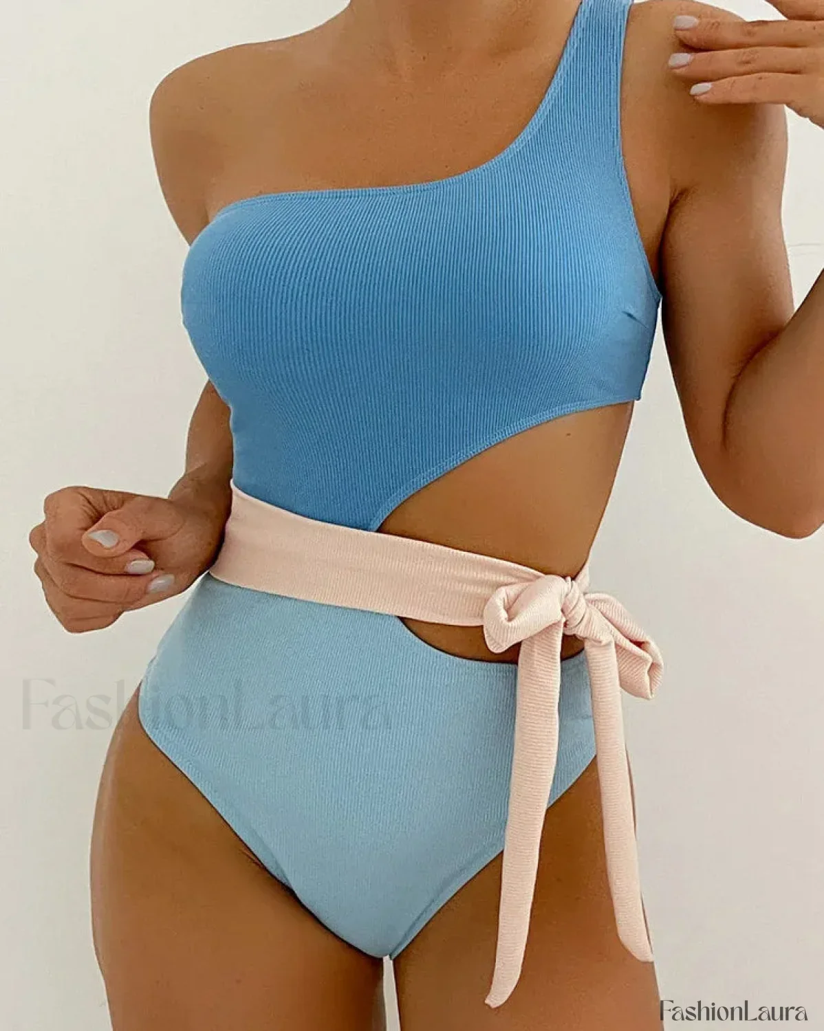 Patchwork One Shoulder Hollow One Piece - Image 6