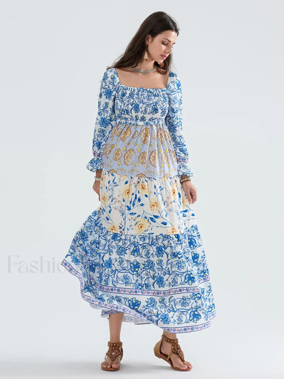 Patchwork Puff Sleeve Boho Dress - Image 18