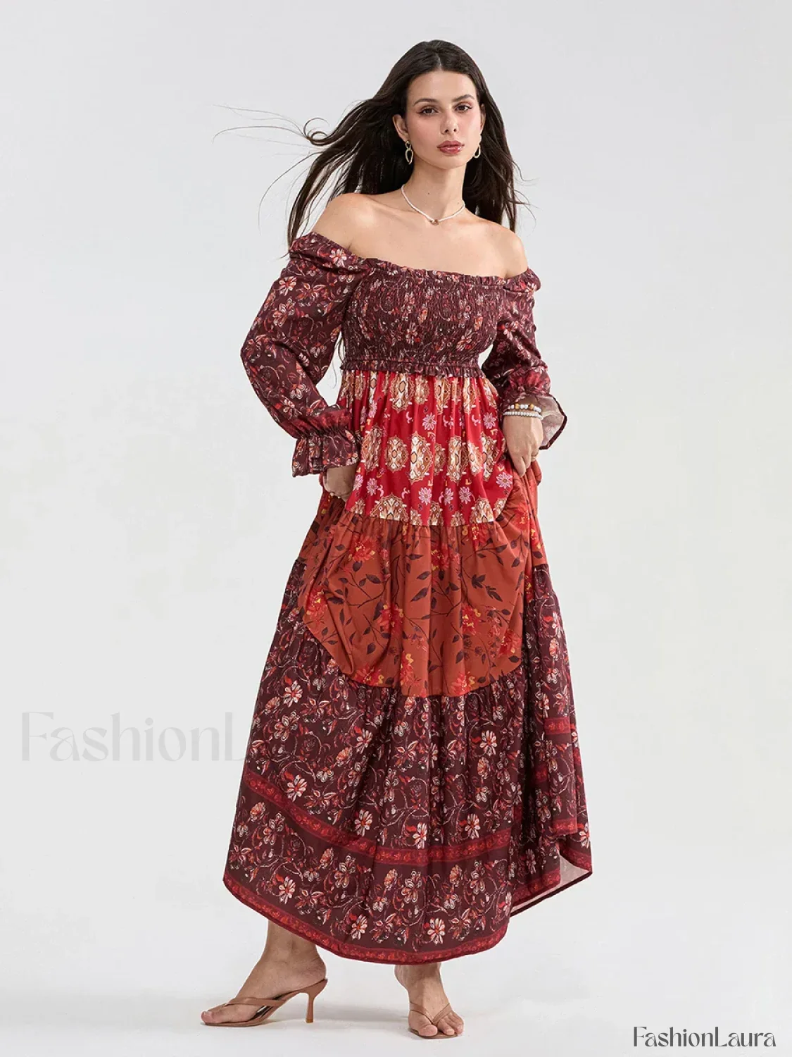 Patchwork Puff Sleeve Boho Dress - Image 30