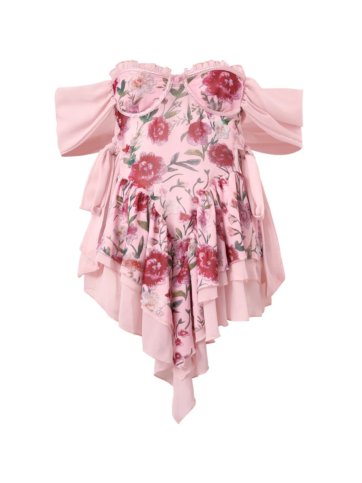 Patchwork Ruffle Bardot Floral Mini Dress - Image 15