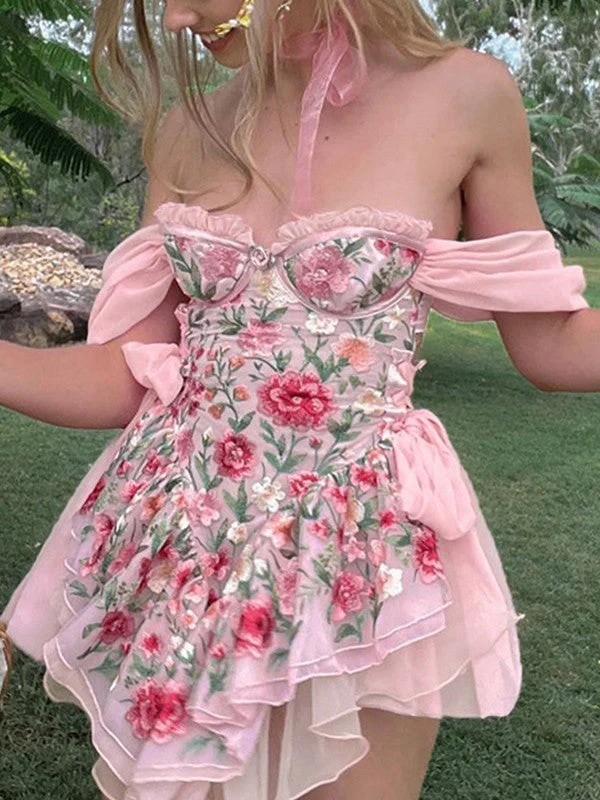 Patchwork Ruffle Bardot Floral Mini Dress - Image 17