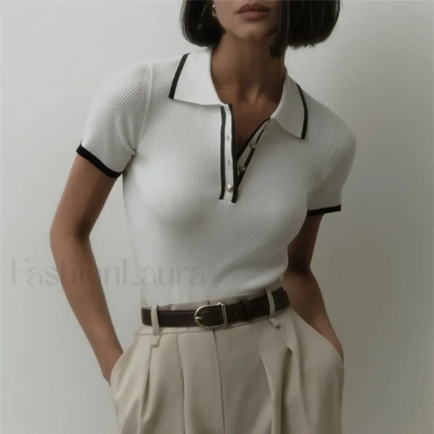 Patchwork Short Sleeve Knit Pullover T-Shirt - Image 3