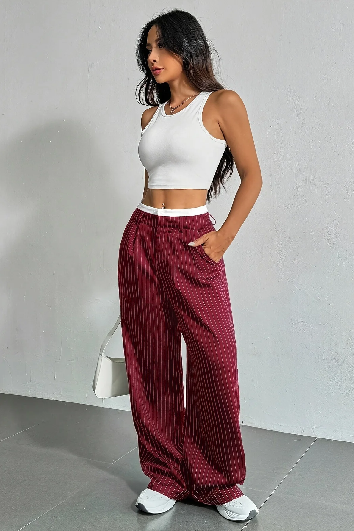 Patchwork Stripe High Waist Straight Pants - Image 3