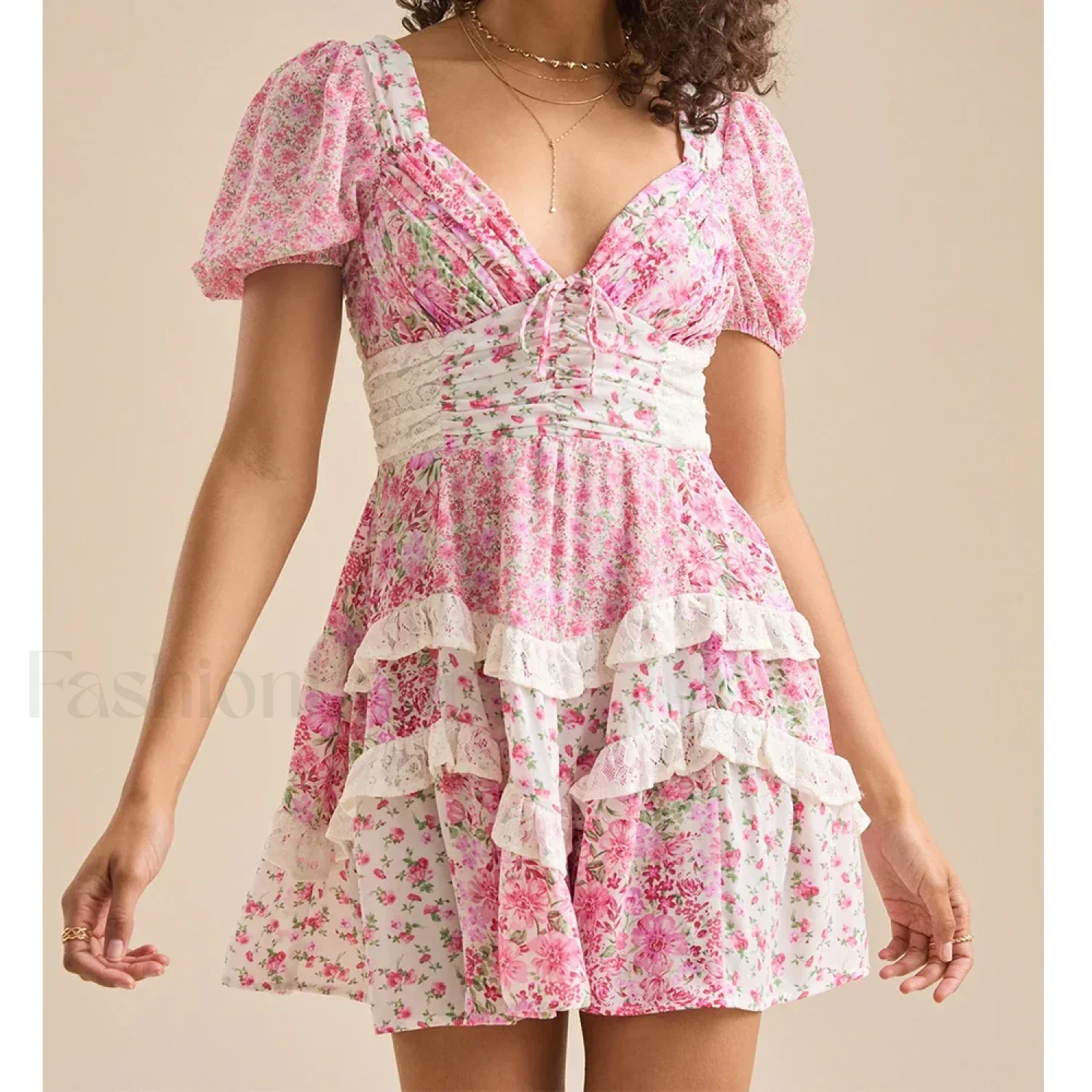 Patchwork Tiered Floral Dress - Image 9