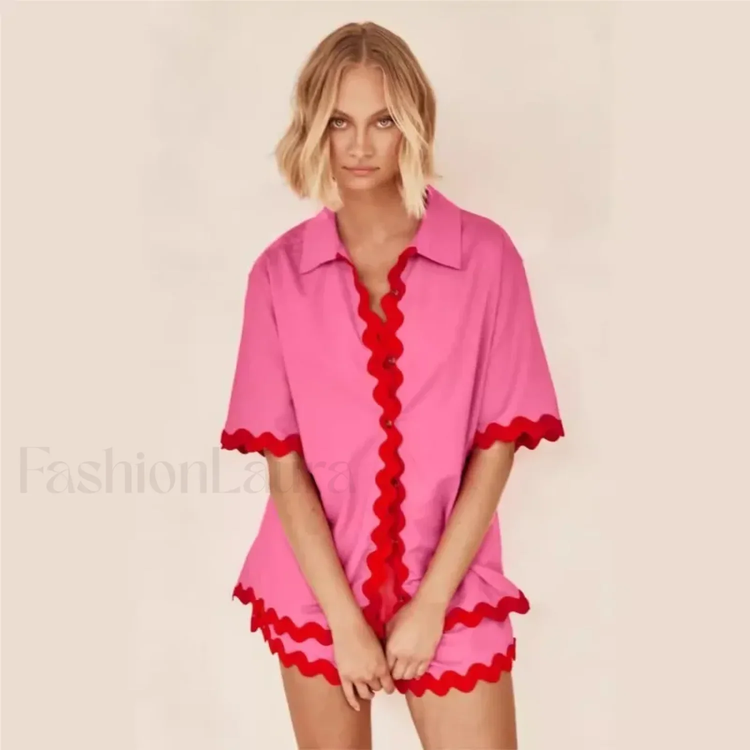 Patchwork Turn Down Shirt Loose Shorts Two Piece Set