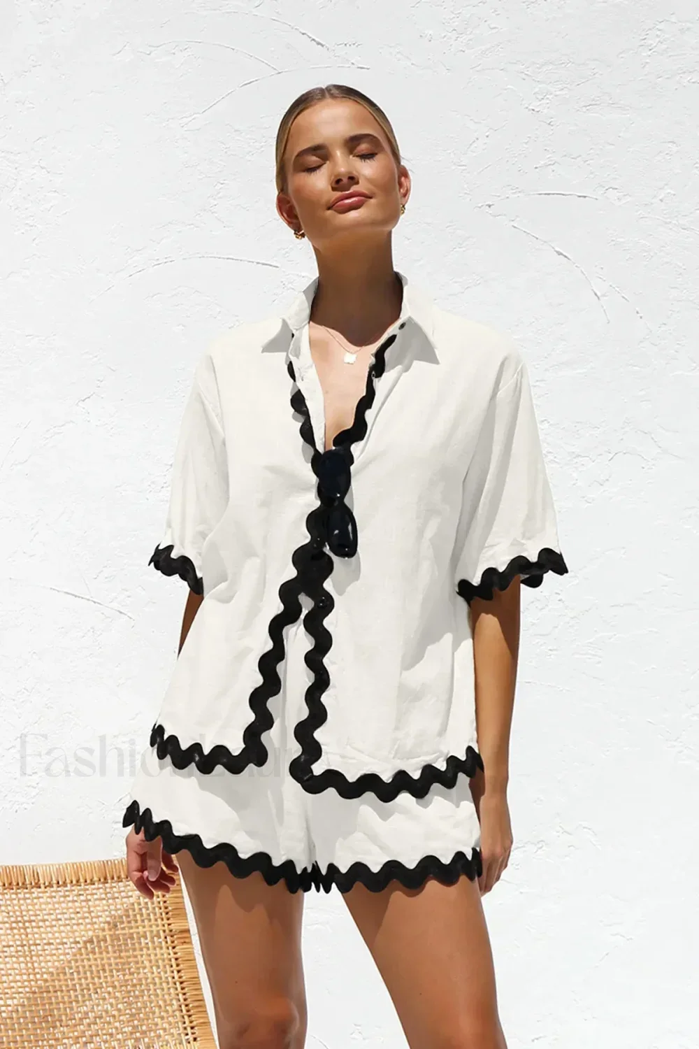 Patchwork Turn Down Shirt Loose Shorts Two Piece Set - Image 12