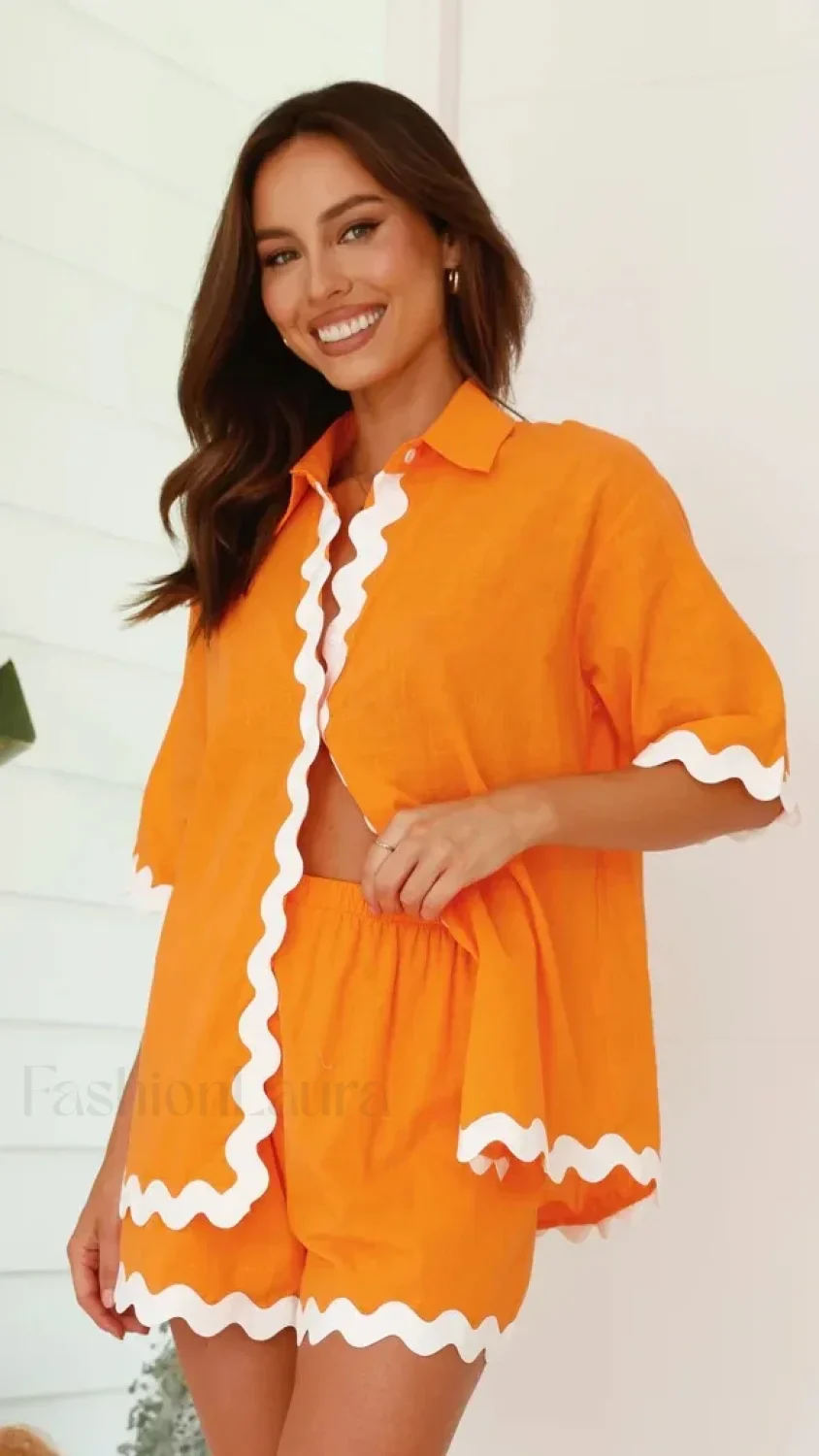 Patchwork Turn Down Shirt Loose Shorts Two Piece Set - Image 8
