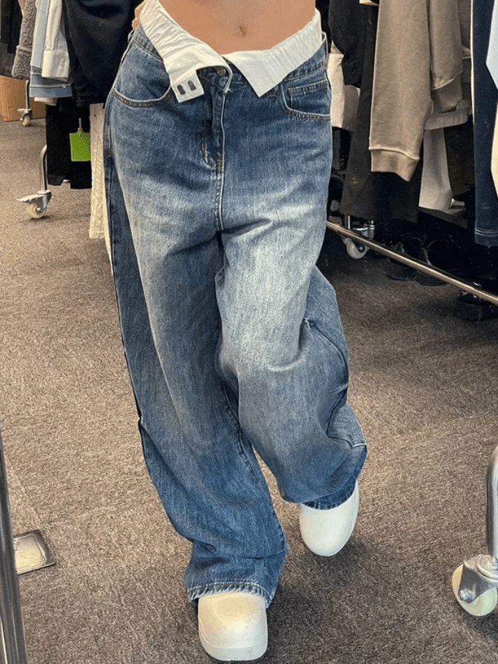 Patchwork Waist High Rise Boyfriend Jeans - Image 11