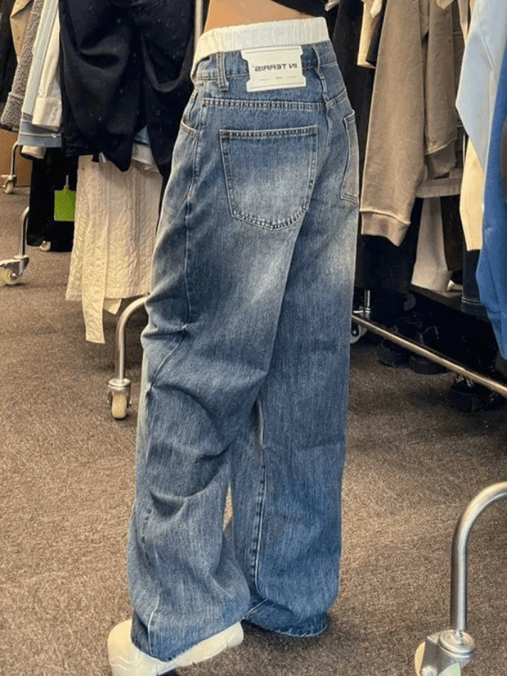 Patchwork Waist High Rise Boyfriend Jeans - Image 3