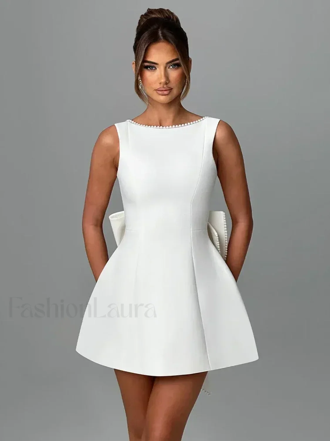 Pearl Bow Sleeveless Mini Dress - Image 4