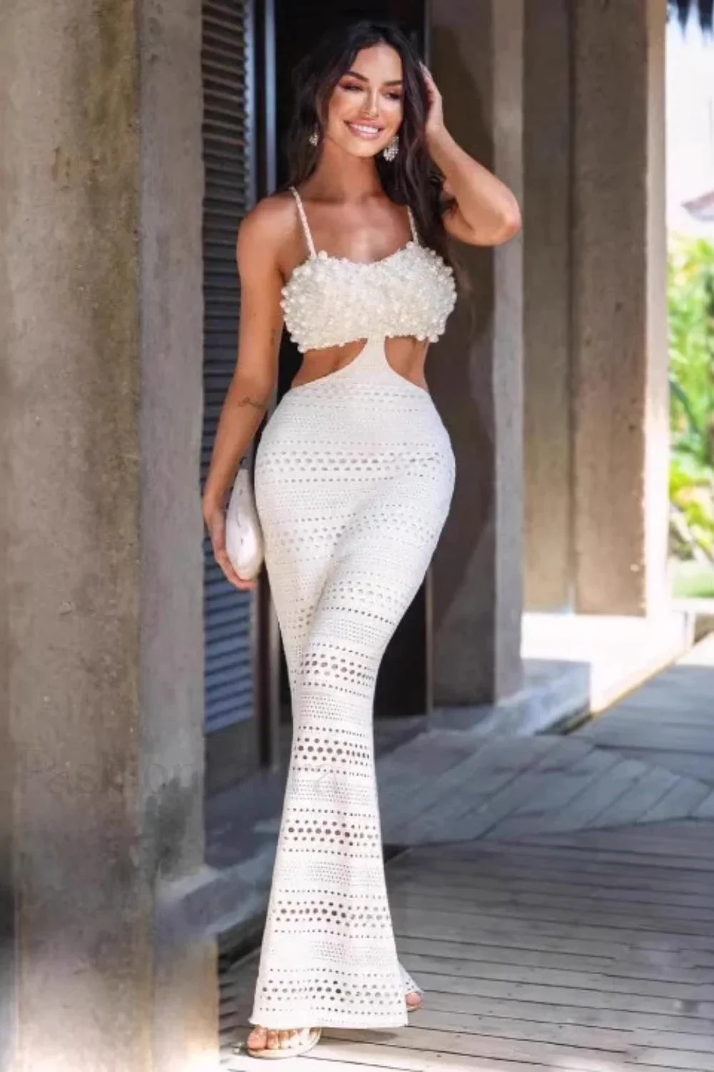 Pearl Embellished Hollow Chest Strappy Maxi Dress - Image 2